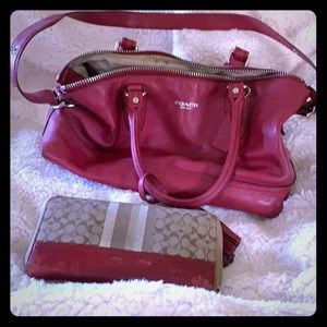 Coach deep red leather shoulder bag w/ wallet